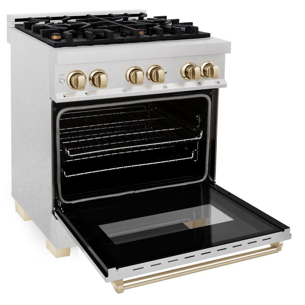 ZLINE Autograph Edition 30 in. 4.0 cu. ft. Legacy Dual Fuel Range with 4 Burner Gas Cooktop and Electric Convection Oven in DuraSnow® Stainless Steel and Polished Gold Accents (RASZ-SN-30-G) side, oven open.