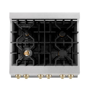 ZLINE Autograph Edition 30 in. 4.0 cu. ft. Legacy Dual Fuel Range with 4 Burner Gas Cooktop and Electric Convection Oven in DuraSnow® Stainless Steel and Polished Gold Accents (RASZ-SN-30-G) top-view, above cooktop.