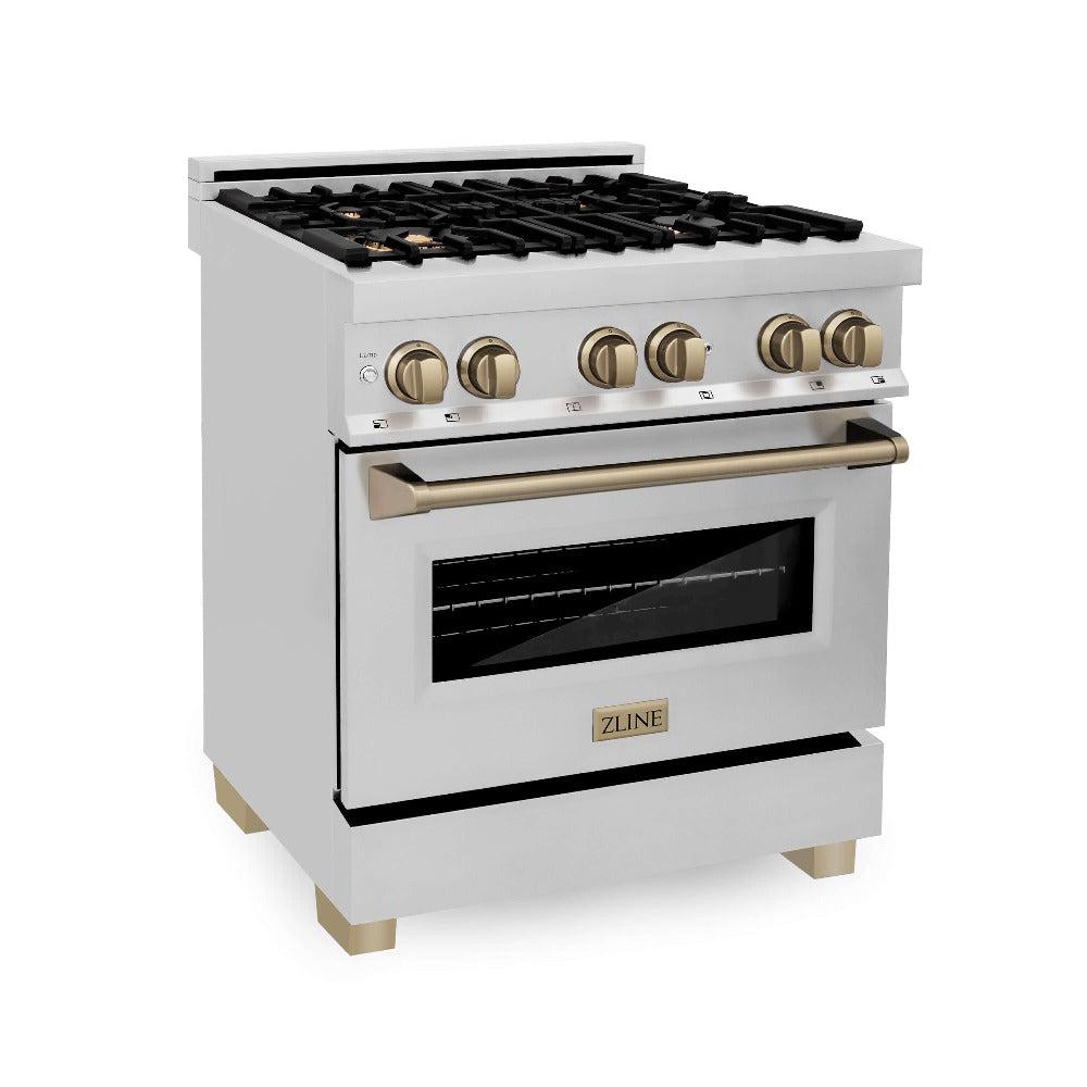 ZLINE Autograph Edition 30 in. 4.0 cu. ft. Dual Fuel Range with Gas Stove and Electric Oven in Stainless Steel with Champagne Bronze Accents (RAZ-30-CB) side, oven closed.