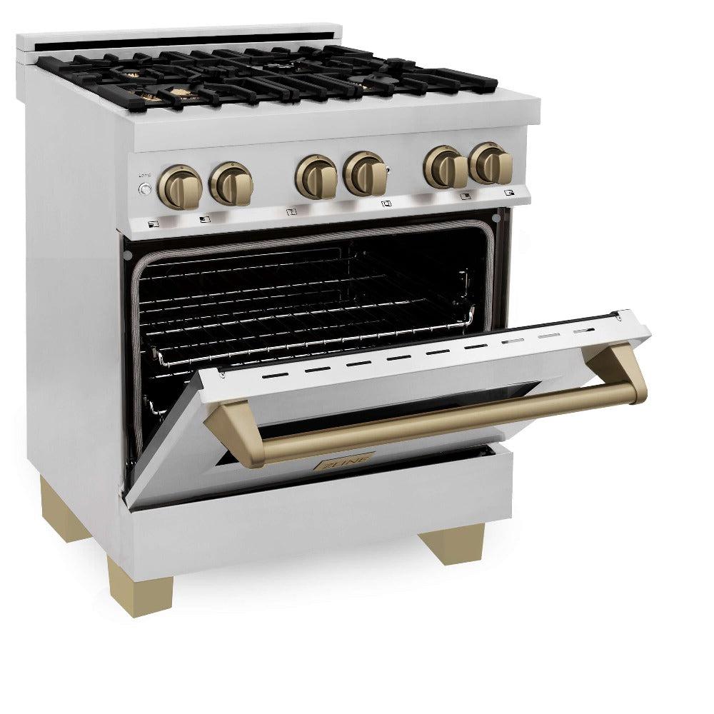 ZLINE Autograph Edition 30 in. 4.0 cu. ft. Dual Fuel Range with Gas Stove and Electric Oven in Stainless Steel with Champagne Bronze Accents (RAZ-30-CB) side, oven half open.