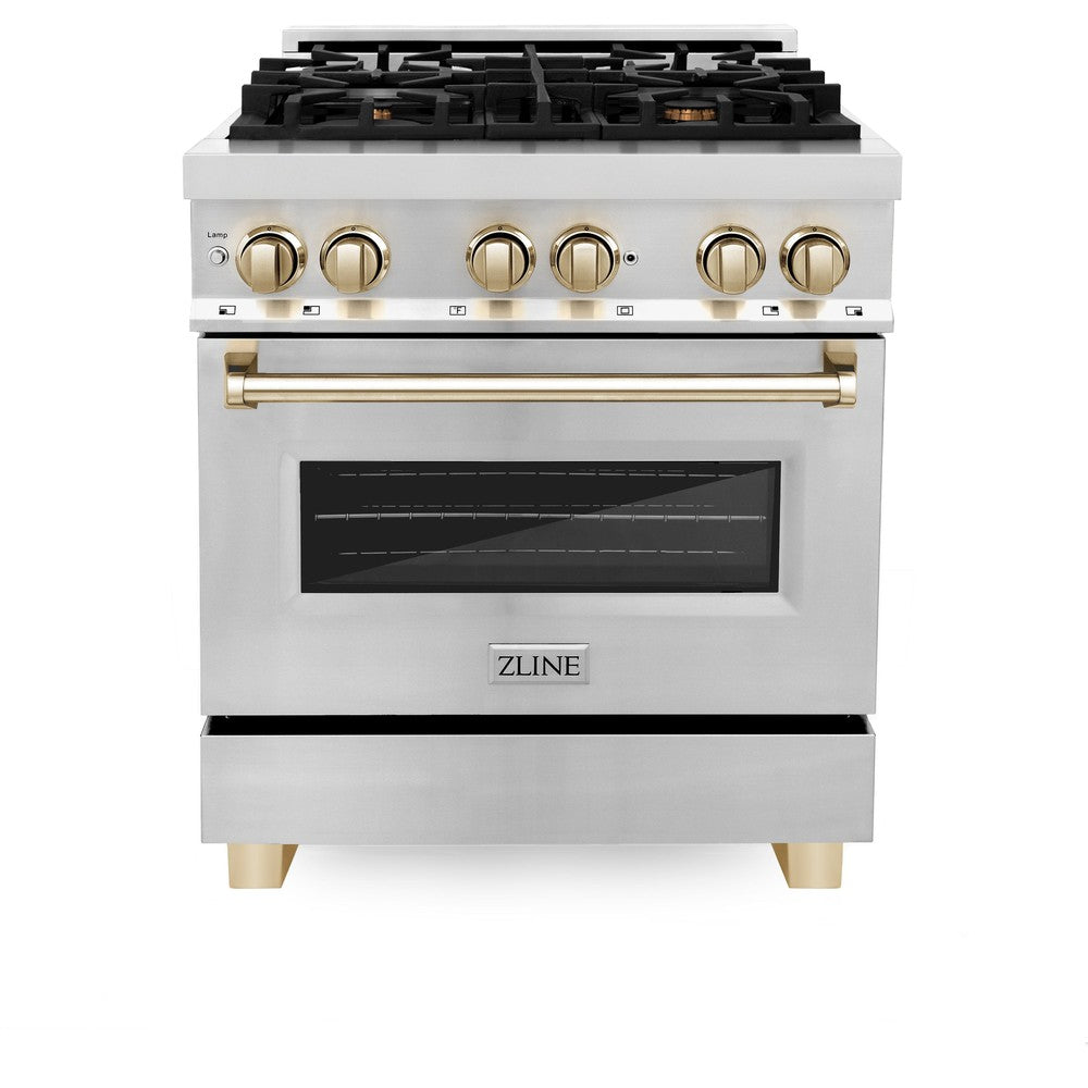 ZLINE Autograph Edition 30 in. 4.0 cu. ft. Legacy Dual Fuel Range with 4 Burner Gas Cooktop and Electric Convection Oven in Stainless Steel and Polished Gold Accents (RAZ-30-G) front, oven closed.