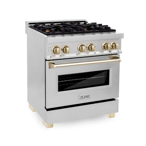 ZLINE Autograph Edition 30 in. 4.0 cu. ft. Dual Fuel Range with Gas Stove and Electric Oven in Stainless Steel with Polished Gold Accents (RAZ-30-G) side, oven closed.