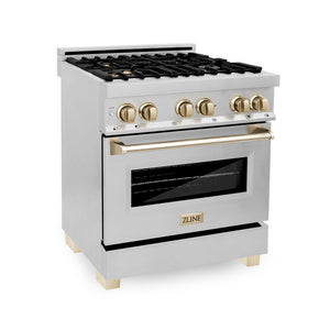 ZLINE Autograph Edition 30 in. 4.0 cu. ft. Dual Fuel Range with Gas Stove and Electric Oven in Stainless Steel with Polished Gold Accents (RAZ-30-G) side, oven closed.