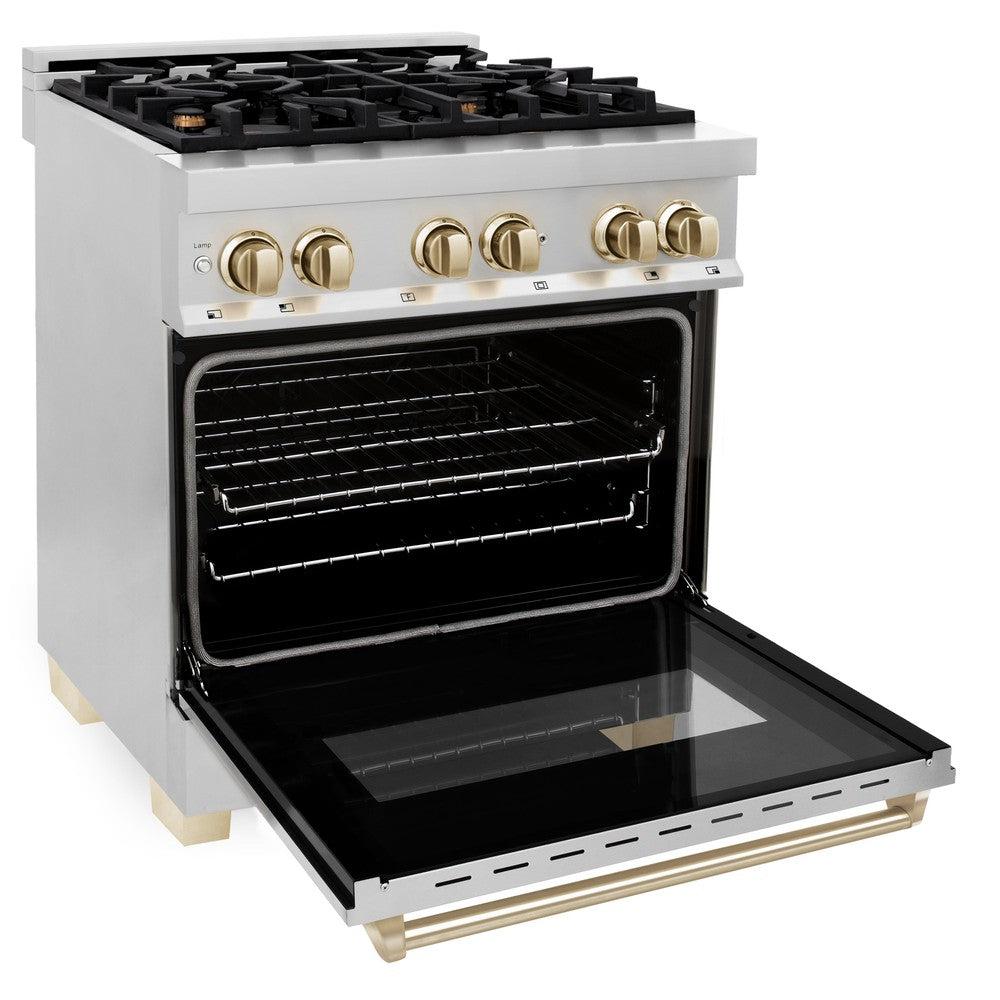 ZLINE Autograph Edition 30 in. 4.0 cu. ft. Legacy Dual Fuel Range with 4 Burner Gas Cooktop and Electric Convection Oven in Stainless Steel and Polished Gold Accents (RAZ-30-G) side, oven open.