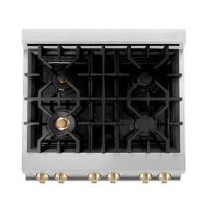ZLINE Autograph Edition 30 in. 4.0 cu. ft. Dual Fuel Range with Gas Stove and Electric Oven in Stainless Steel with Polished Gold Accents (RAZ-30-G) above 4-burner gas cooktop with brass burners.