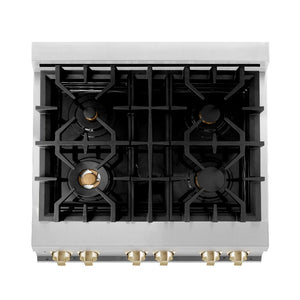 ZLINE Autograph Edition 30 in. 4.0 cu. ft. Dual Fuel Range with Gas Stove and Electric Oven in Stainless Steel with Polished Gold Accents (RAZ-30-G) above 4-burner gas cooktop with brass burners.