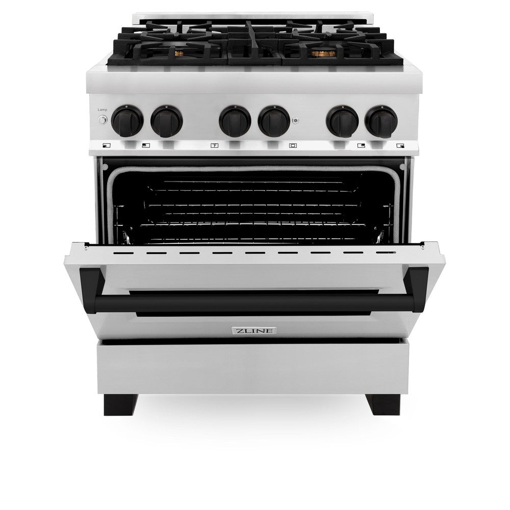 ZLINE Autograph Edition 30 in. 4.0 cu. ft. Dual Fuel Range with Gas Stove and Electric Oven in Stainless Steel with Matte Black Accents (RAZ-30-MB) front, oven door half open.