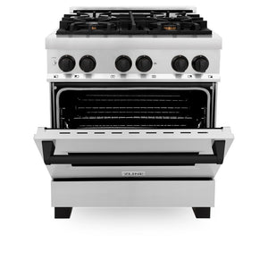 ZLINE Autograph Edition 30 in. 4.0 cu. ft. Legacy Dual Fuel Range with 4 Burner Gas Cooktop and Electric Convection Oven in Stainless Steel and Matte Black Accents (RAZ-30-MB) front, oven half open.