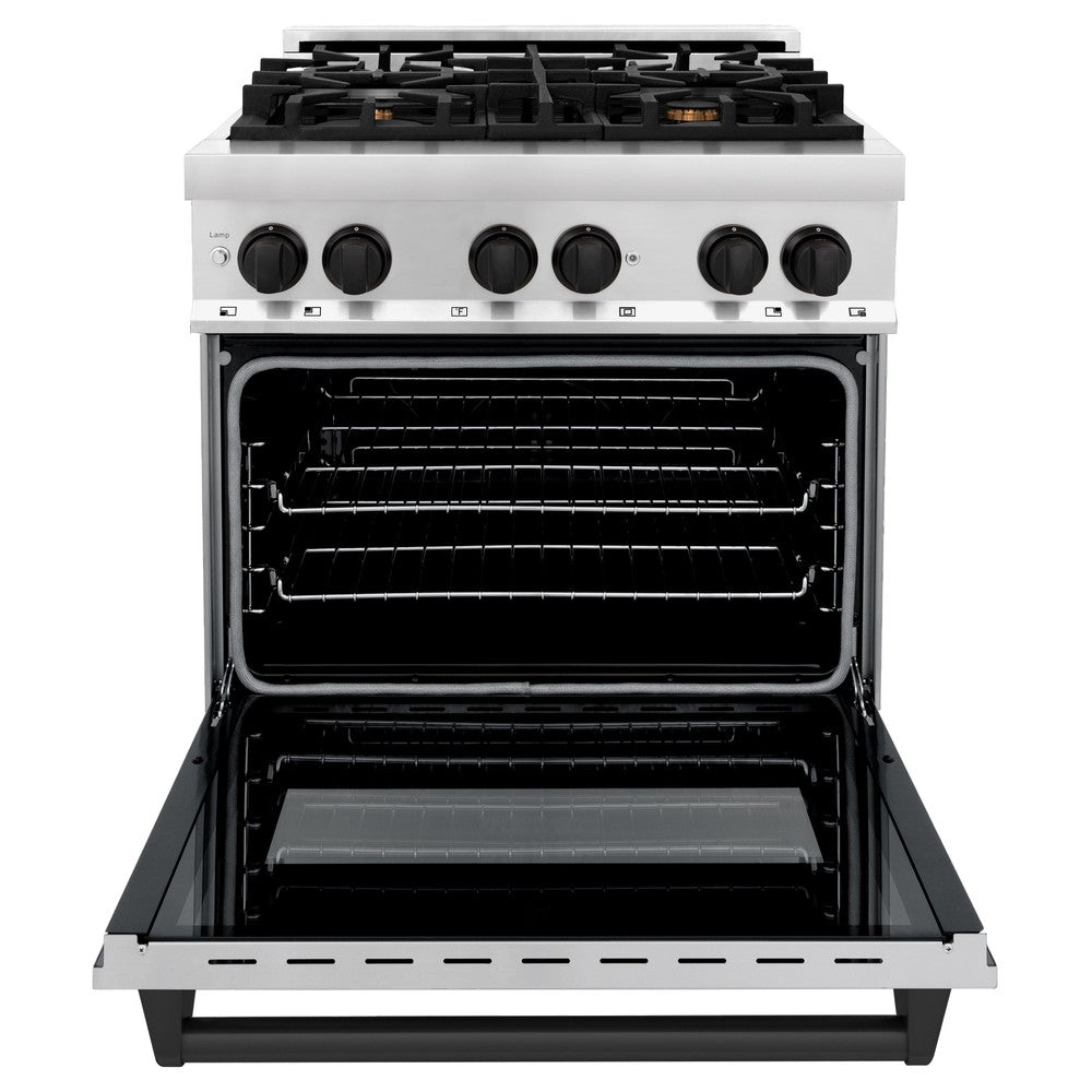 ZLINE Autograph Edition 30 in. 4.0 cu. ft. Legacy Dual Fuel Range with 4 Burner Gas Cooktop and Electric Convection Oven in Stainless Steel and Matte Black Accents (RAZ-30-MB) front, oven open.