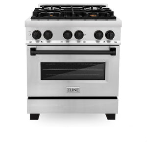 ZLINE Autograph Edition 30 in. 4.0 cu. ft. Legacy Dual Fuel Range with 4 Burner Gas Cooktop and Electric Convection Oven in Stainless Steel and Matte Black Accents (RAZ-30-MB) front, oven closed.