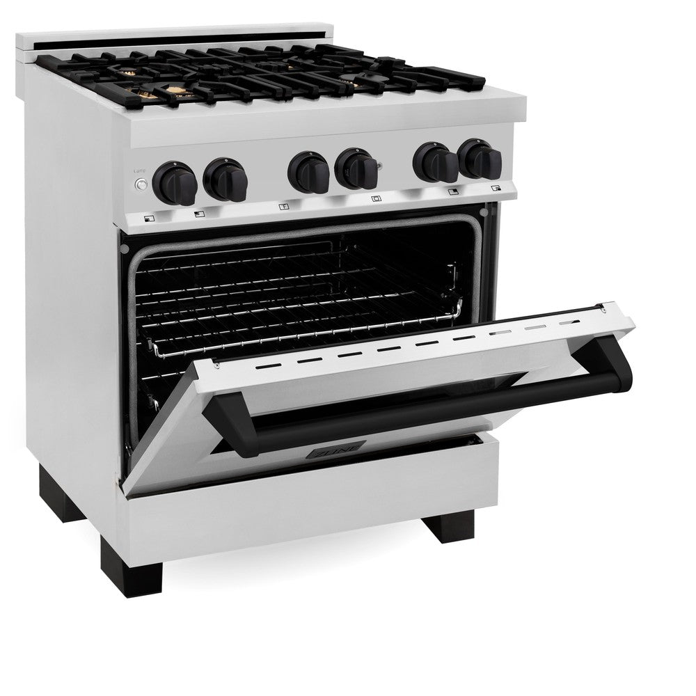 ZLINE Autograph Edition 30 in. 4.0 cu. ft. Dual Fuel Range with Gas Stove and Electric Oven in Stainless Steel with Matte Black Accents (RAZ-30-MB) side, oven half open.