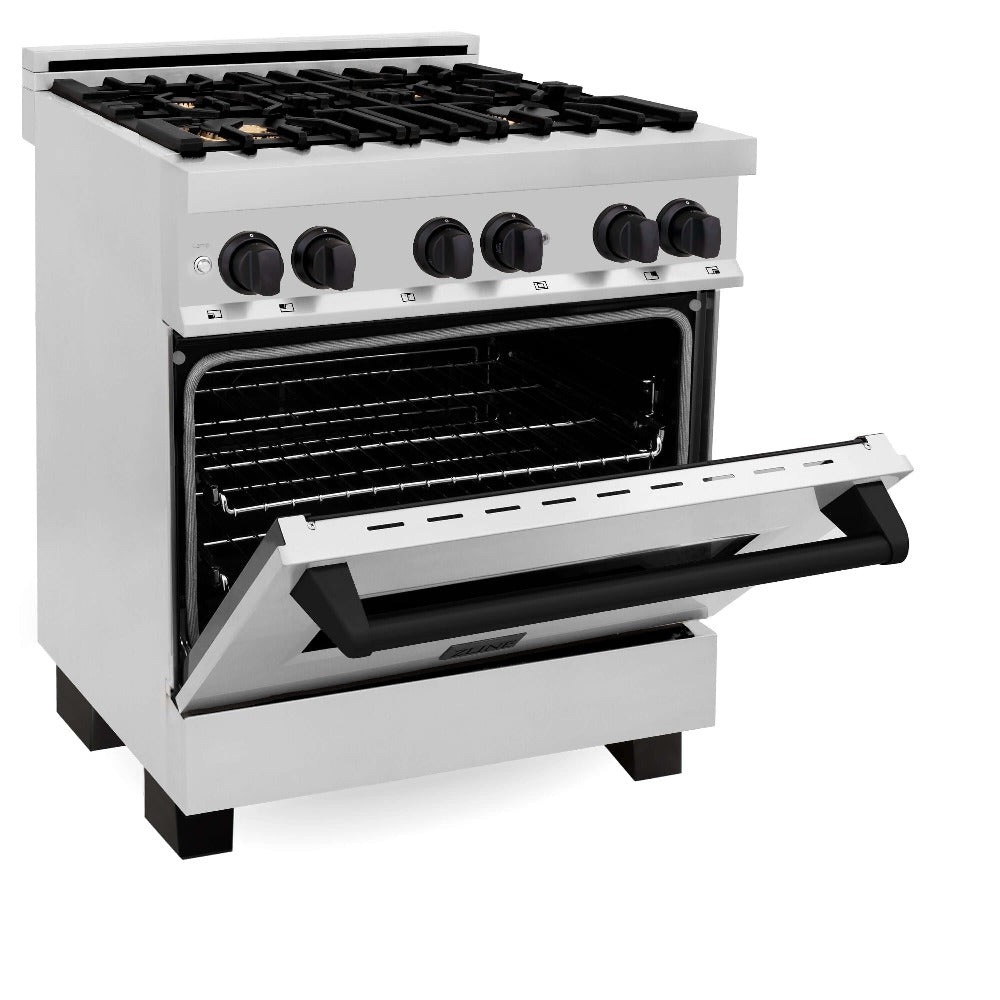 ZLINE Autograph Edition 30 in. 4.0 cu. ft. Dual Fuel Range with Gas Stove and Electric Oven in Stainless Steel with Matte Black Accents (RAZ-30-MB) side, oven half open.