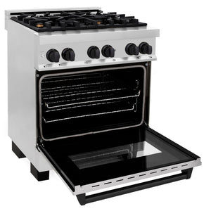 ZLINE Autograph Edition 30 in. 4.0 cu. ft. Dual Fuel Range with Gas Stove and Electric Oven in Stainless Steel with Matte Black Accents (RAZ-30-MB) side, oven door open.