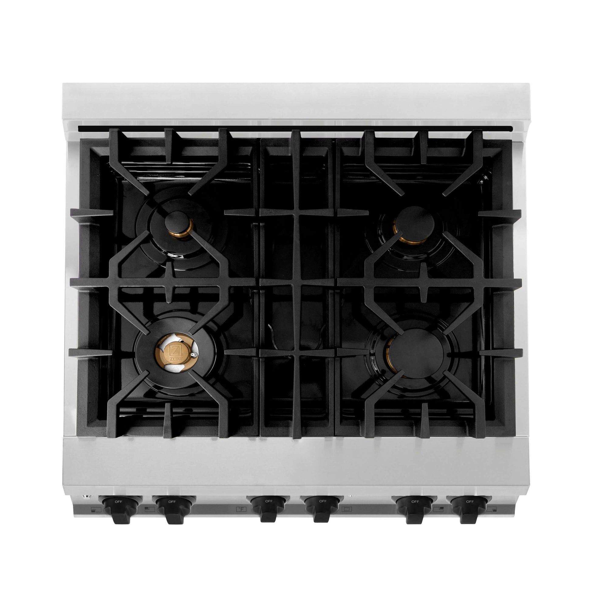 ZLINE Autograph Edition 30 in. 4.0 cu. ft. Dual Fuel Range with Gas Stove and Electric Oven in Stainless Steel with Matte Black Accents (RAZ-30-MB) above four-burner gas cooktop with brass burners.