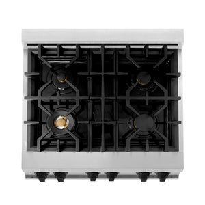 ZLINE Autograph Edition 30 in. 4.0 cu. ft. Dual Fuel Range with Gas Stove and Electric Oven in Stainless Steel with Matte Black Accents (RAZ-30-MB) above four-burner gas cooktop with brass burners.