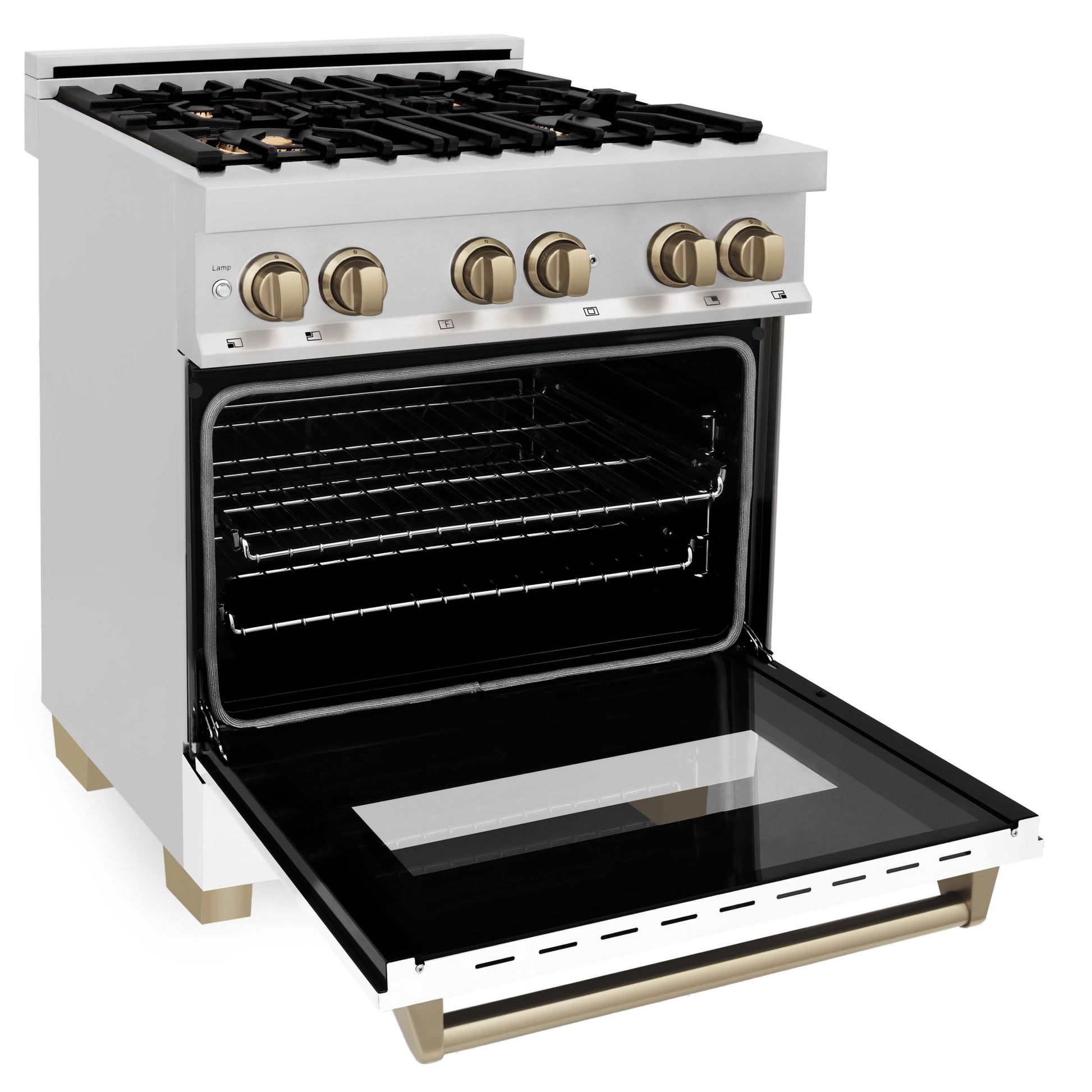 ZLINE Autograph Edition 30 in. Range with Champagne Bronze accents Side View Oven Door Open