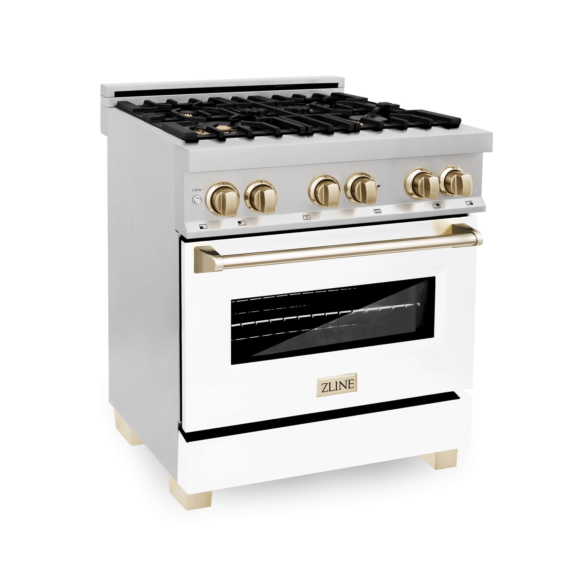 ZLINE Autograph Edition 30 in. Kitchen Package with Stainless Steel Dual Fuel Range with White Matte Door and Range Hood with Polished Gold Accents (2AKP-RAWMRH30-G) 