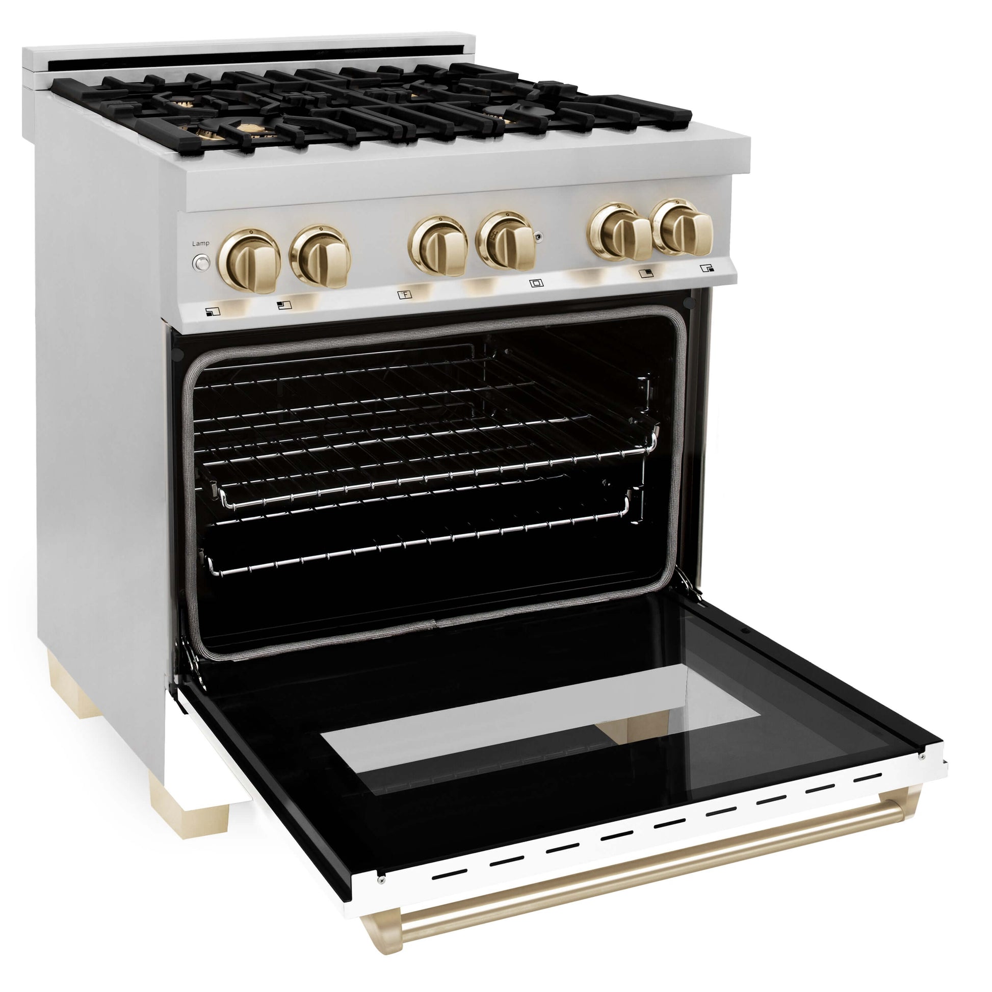 ZLINE Autograph Edition 30 in. Kitchen Package with Stainless Steel Dual Fuel Range with White Matte Door and Range Hood with Polished Gold Accents (2AKP-RAWMRH30-G) 