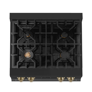 ZLINE Autograph Edition 30 in. Legacy Gas Rangetop with 4 Burners and Porcelain Cooktop in Black Stainless Steel with Champagne Bronze Accents (RTBZ-30-CB) from above showing gas burners and cast-iron grates.