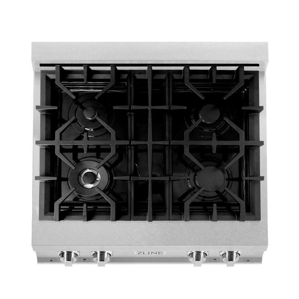 ZLINE 30 in. Porcelain Rangetop in DuraSnow® Stainless Steel with 4 Gas Burners (RTS-30) from above showing gas burners and cast-iron grates.