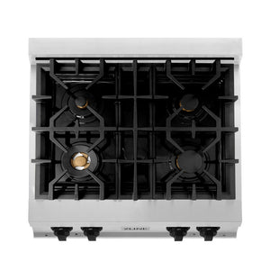 ZLINE Autograph Edition 30 in. Legacy Gas Rangetop with 4 Burners and Porcelain Cooktop in Stainless Steel with Matte Black Accents (RTZ-30-MB) from above showing gas burners and cast-iron grates.
