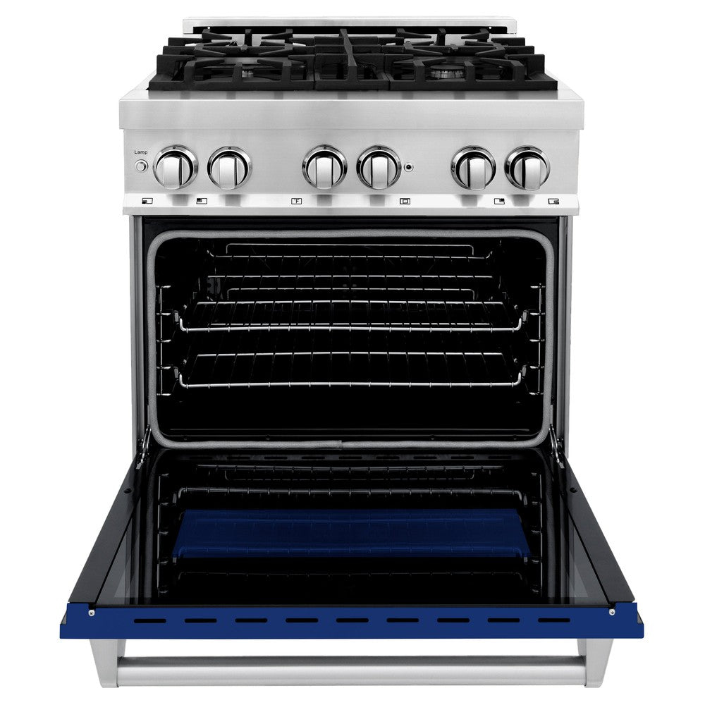 ZLINE 30 in. 4.0 cu. ft. Legacy Dual Fuel Range with 4 Burner Gas Cooktop and Electric Convection Oven in Stainless Steel and Blue Gloss Door (RA-BG-30) front, oven open.