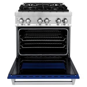 ZLINE 30 in. 4.0 cu. ft. Legacy Dual Fuel Range with 4 Burner Gas Cooktop and Electric Convection Oven in Stainless Steel and Blue Gloss Door (RA-BG-30) front, oven open.