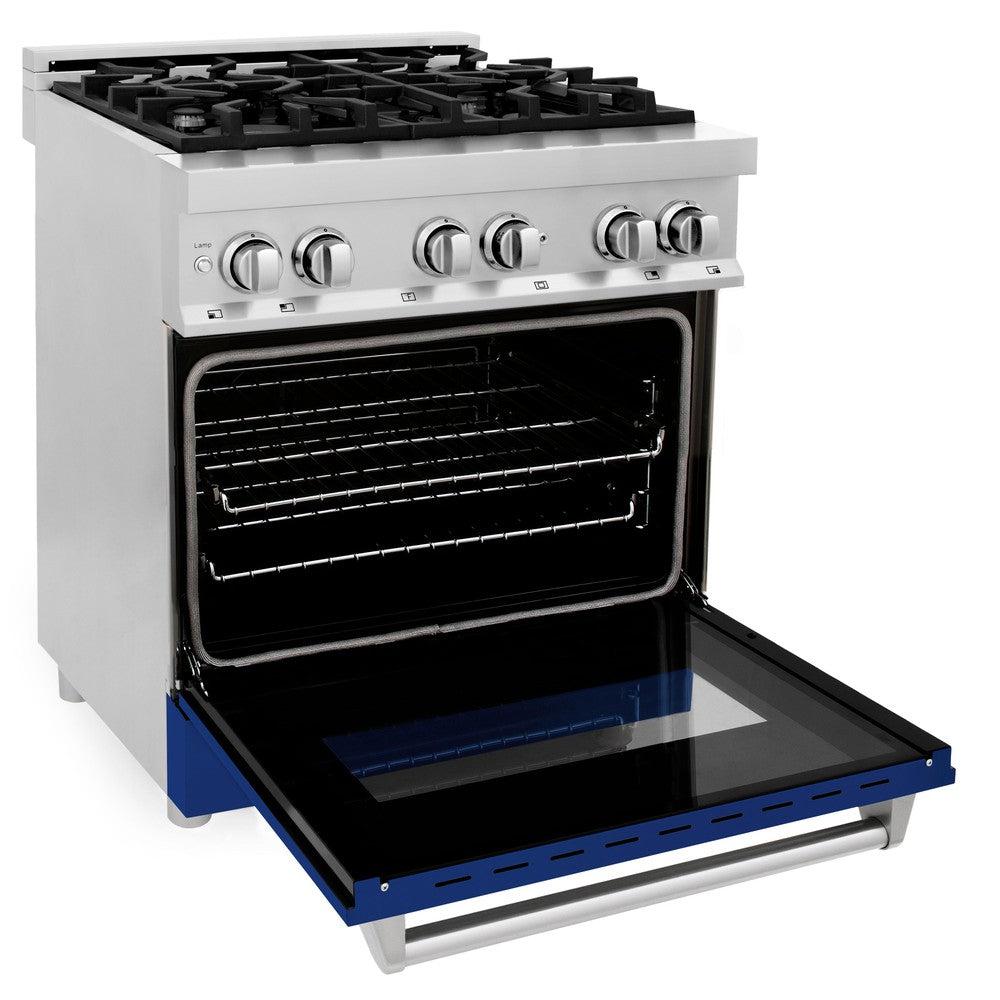 ZLINE 30 in. 4.0 cu. ft. Legacy Dual Fuel Range with 4 Burner Gas Cooktop and Electric Convection Oven in Stainless Steel and Blue Gloss Door (RA-BG-30) side, oven open.