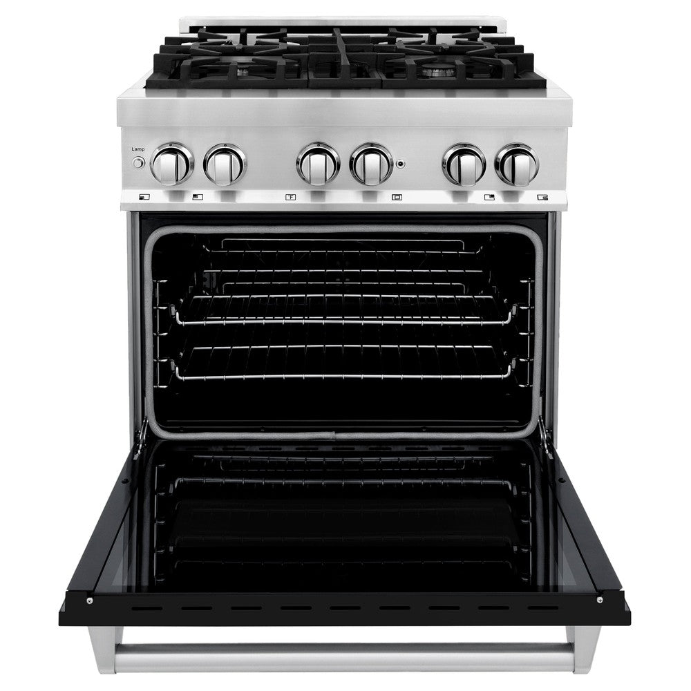 ZLINE 30 in. 4.0 cu. ft. Legacy Dual Fuel Range with 4 Burner Gas Cooktop and Electric Convection Oven in Stainless Steel and Black Matte Door (RA-BLM-30) front, oven open.