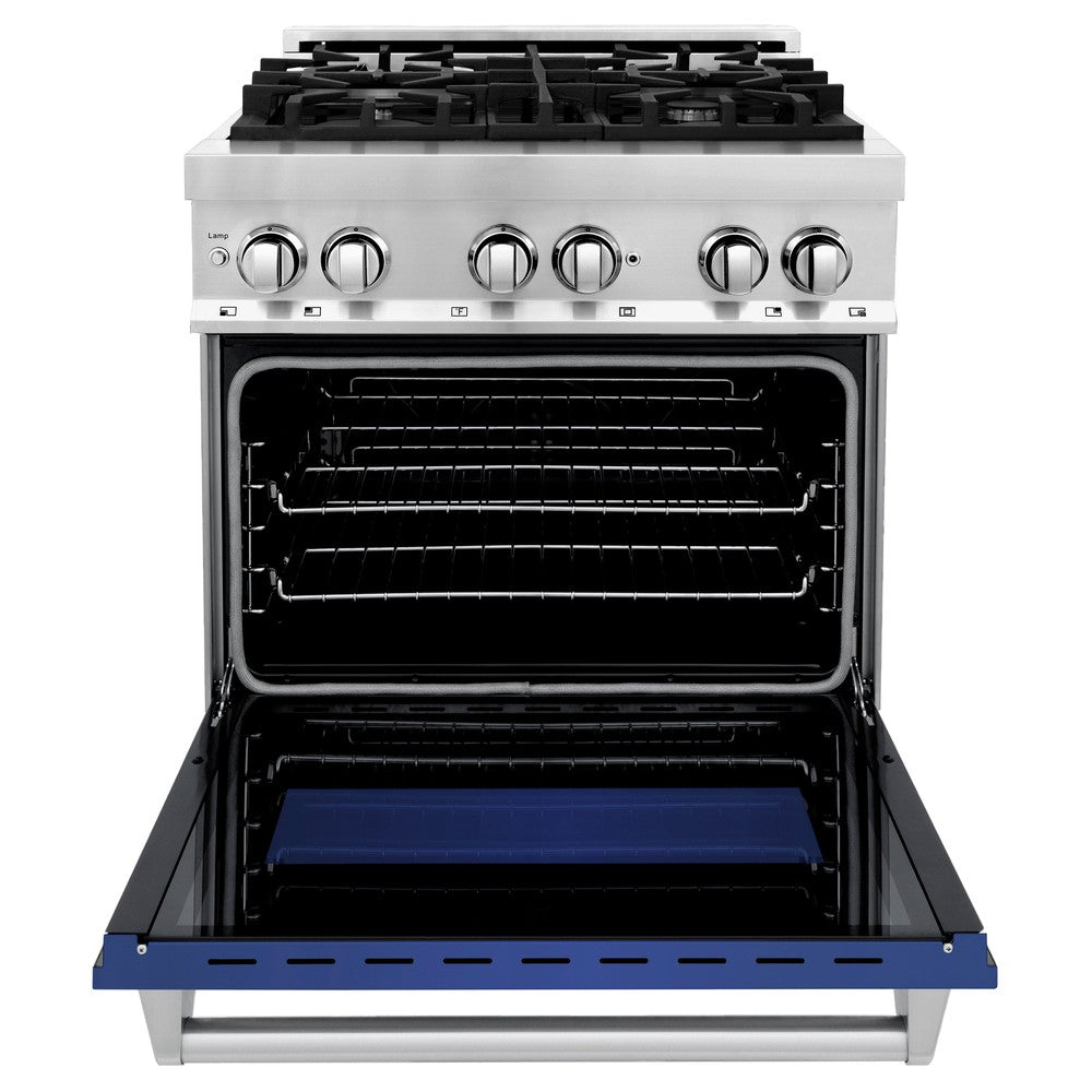 ZLINE 30 in. 4.0 cu. ft. Legacy Dual Fuel Range with 4 Burner Gas Cooktop and Electric Convection Oven in Stainless Steel and Blue Matte Door (RA-BM-30) front, oven open.