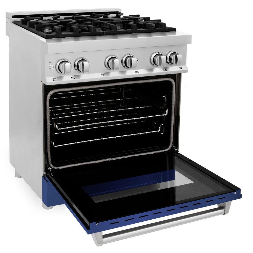 ZLINE 30 in. 4.0 cu. ft. Legacy Dual Fuel Range with 4 Burner Gas Cooktop and Electric Convection Oven in Stainless Steel and Blue Matte Door (RA-BM-30) side, oven open.