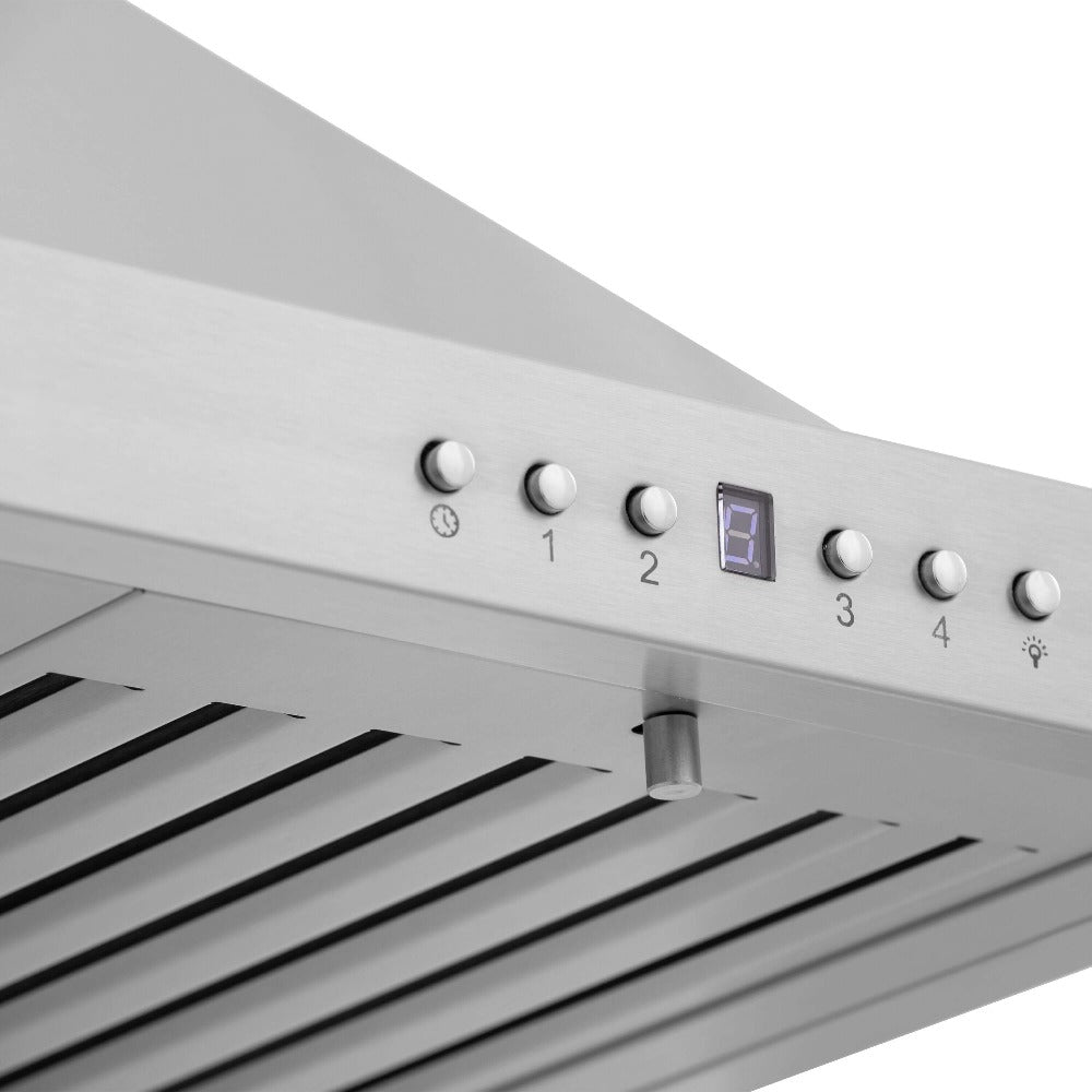 ZLINE Convertible Vent Outdoor Approved Wall Mount Range Hood in Stainless Steel (KB-304) close-up, buttons and display.