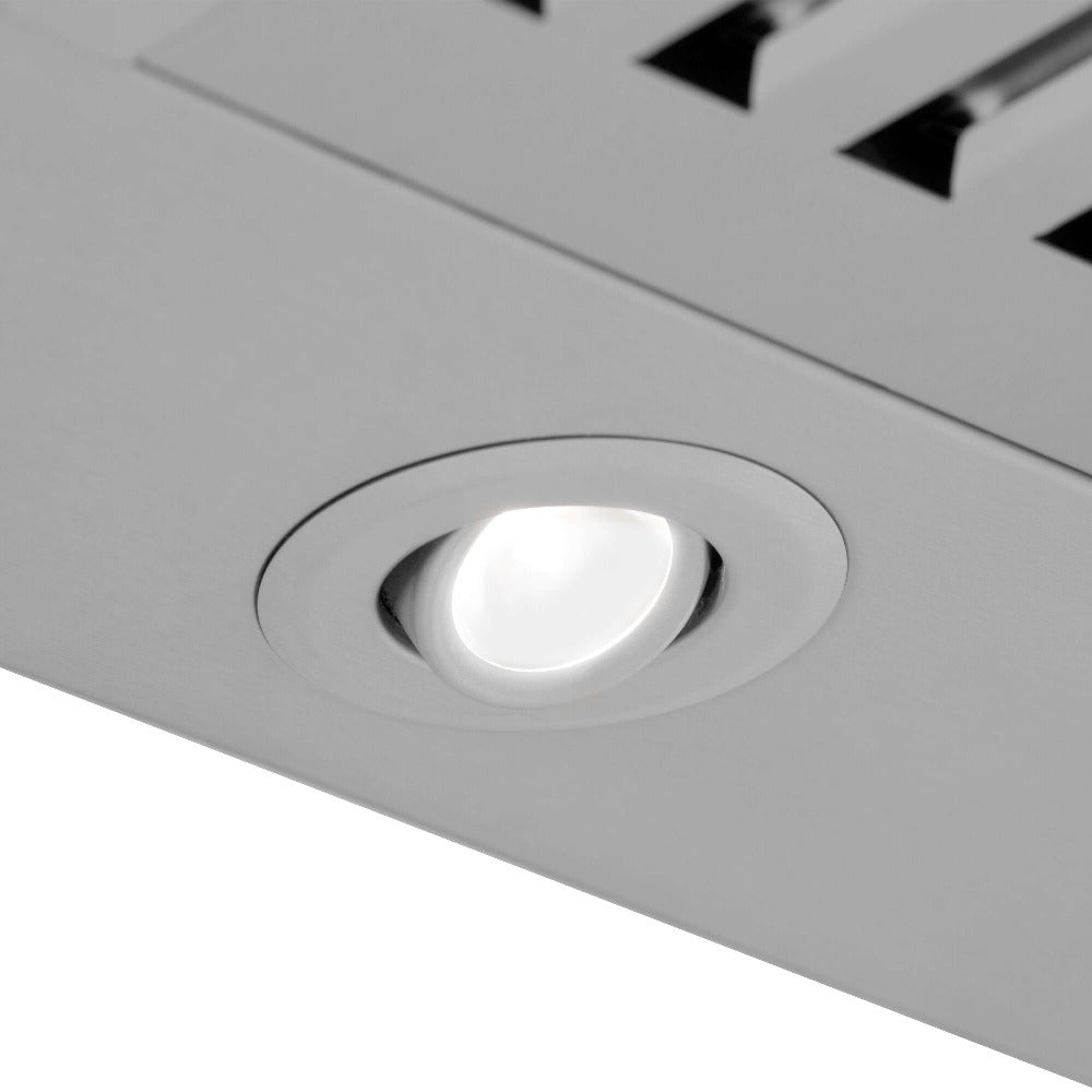 ZLINE Convertible Vent Outdoor Approved Wall Mount Range Hood in Stainless Steel (KB-304) close-up, directional LED light.