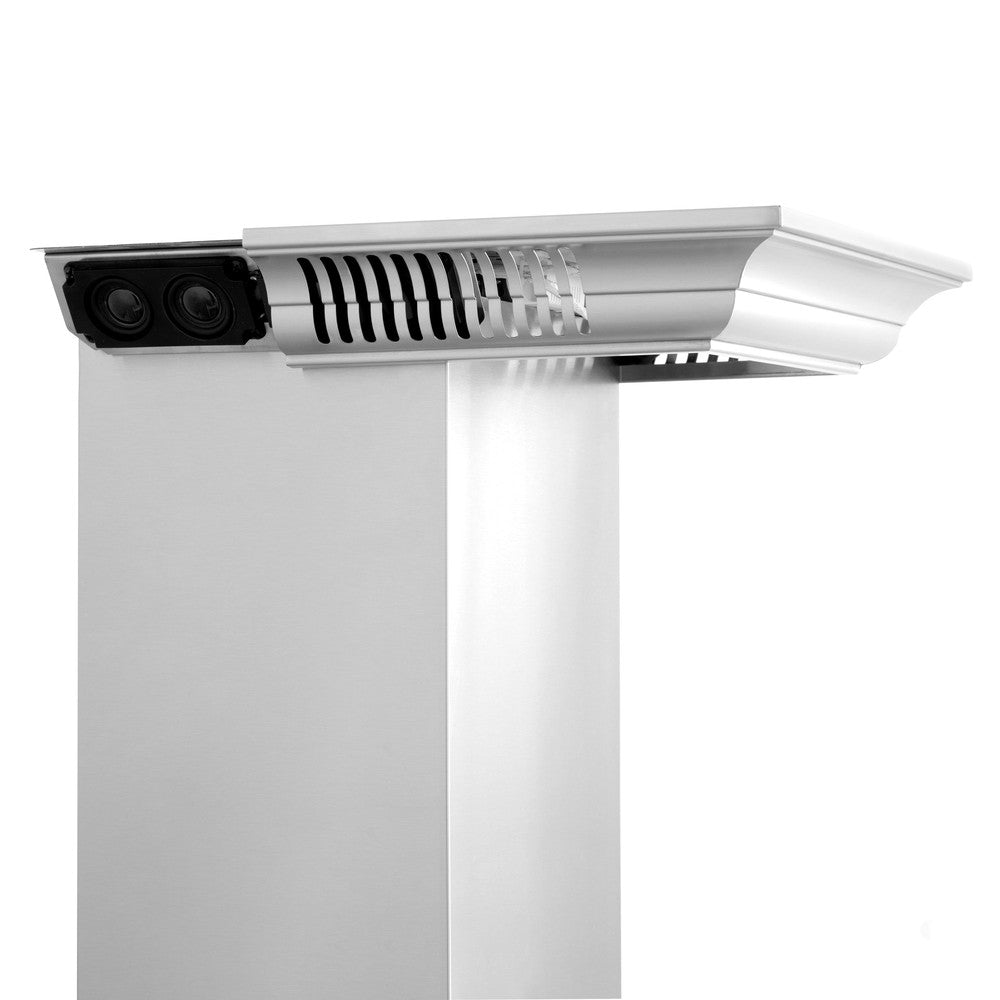 ZLINE Wall Mount Range Hood in Stainless Steel with Built-in CrownSound Bluetooth Speakers (KF1CRN-BT) close-up, CrownSound crown molding and built-in Bluetooth speaker.