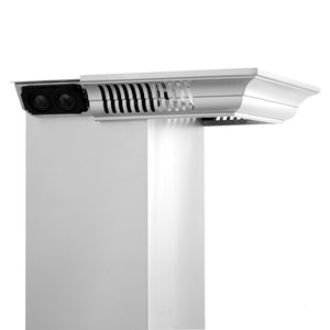 ZLINE Wall Mount Range Hood in Stainless Steel with Built-in CrownSound Bluetooth Speakers (KF1CRN-BT) close-up, CrownSound crown molding and built-in Bluetooth speaker.