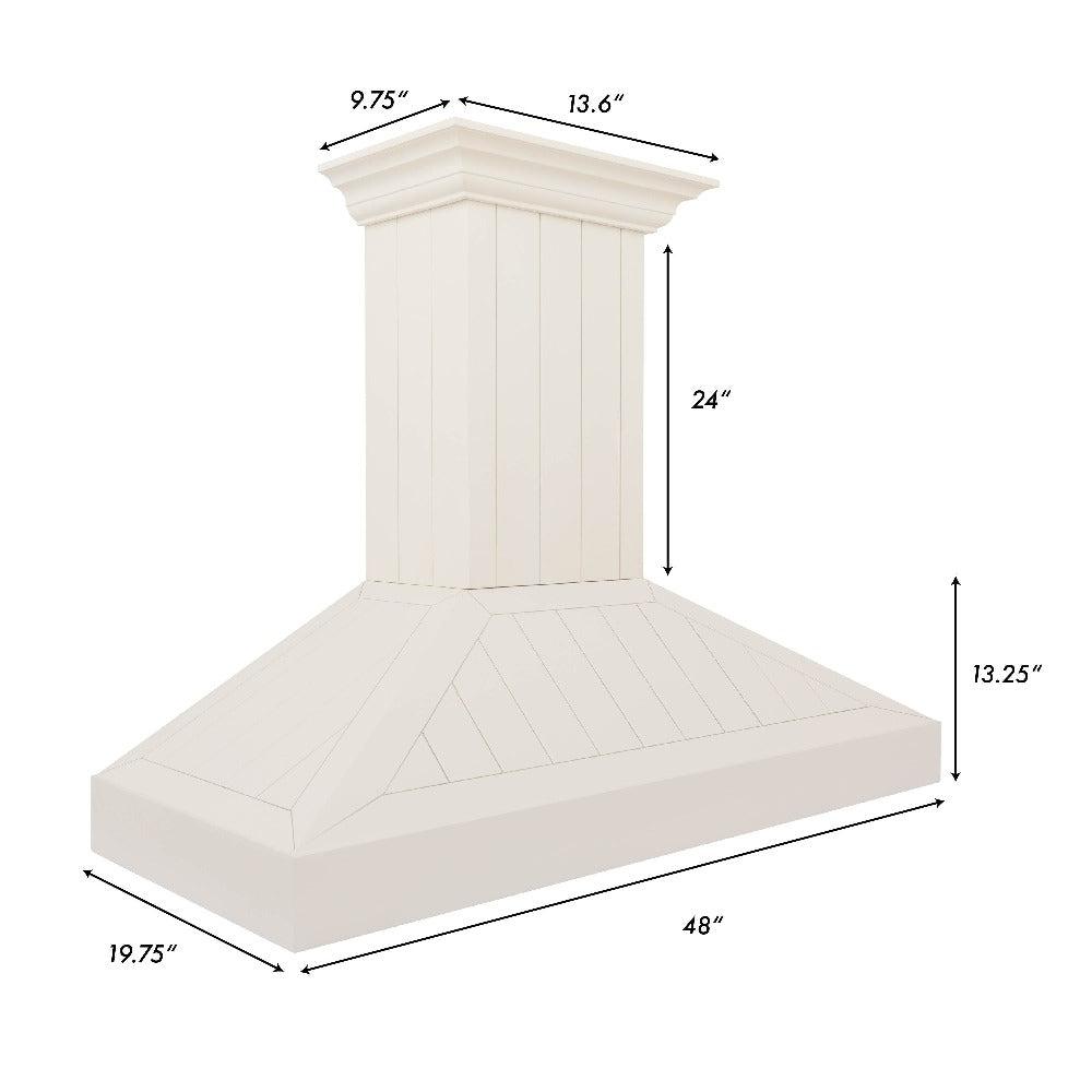 ZLINE Wooden Wall Mount Range Hood in Cottage White (KPTT) dimensional diagram with measurements.