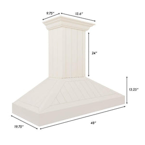 ZLINE Wooden Wall Mount Range Hood in Cottage White (KPTT) dimensional diagram with measurements.