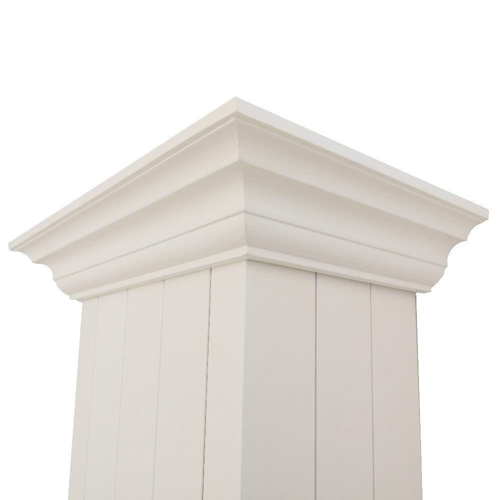 ZLINE Wooden Wall Mount Range Hood in Cottage White (KPTT) chimney and crown molding.