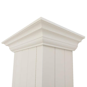 ZLINE Wooden Wall Mount Range Hood in Cottage White (KPTT) chimney and crown molding.