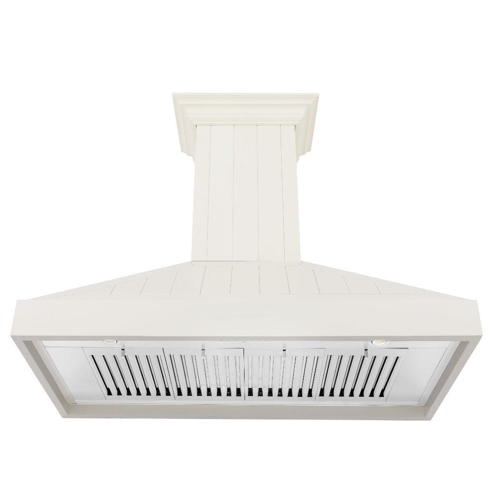 ZLINE Wooden Wall Mount Range Hood in Cottage White (KPTT) front, under.