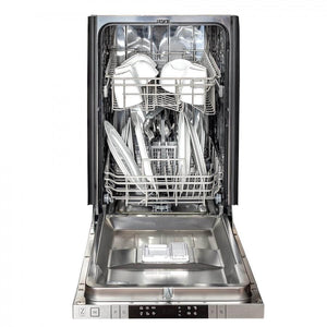 ZLINE 18 in. Compact Top Control Dishwasher with Stainless Steel Panel and Modern Style Handle, 52 dBa (DW-304-18) front, open with dishes inside.