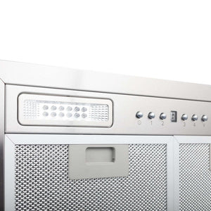 ZLINE 20.5 in. Ducted Wall Mount Range Hood Insert with LED Lighting in Stainless Steel (E690) close-up, built-in lighting.