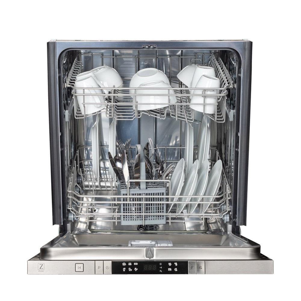 ZLINE 24 in. Panel Ready Top Control Dishwasher with Stainless Steel Tub, 52dBa (DW7713-24) front, half open with dishes inside.