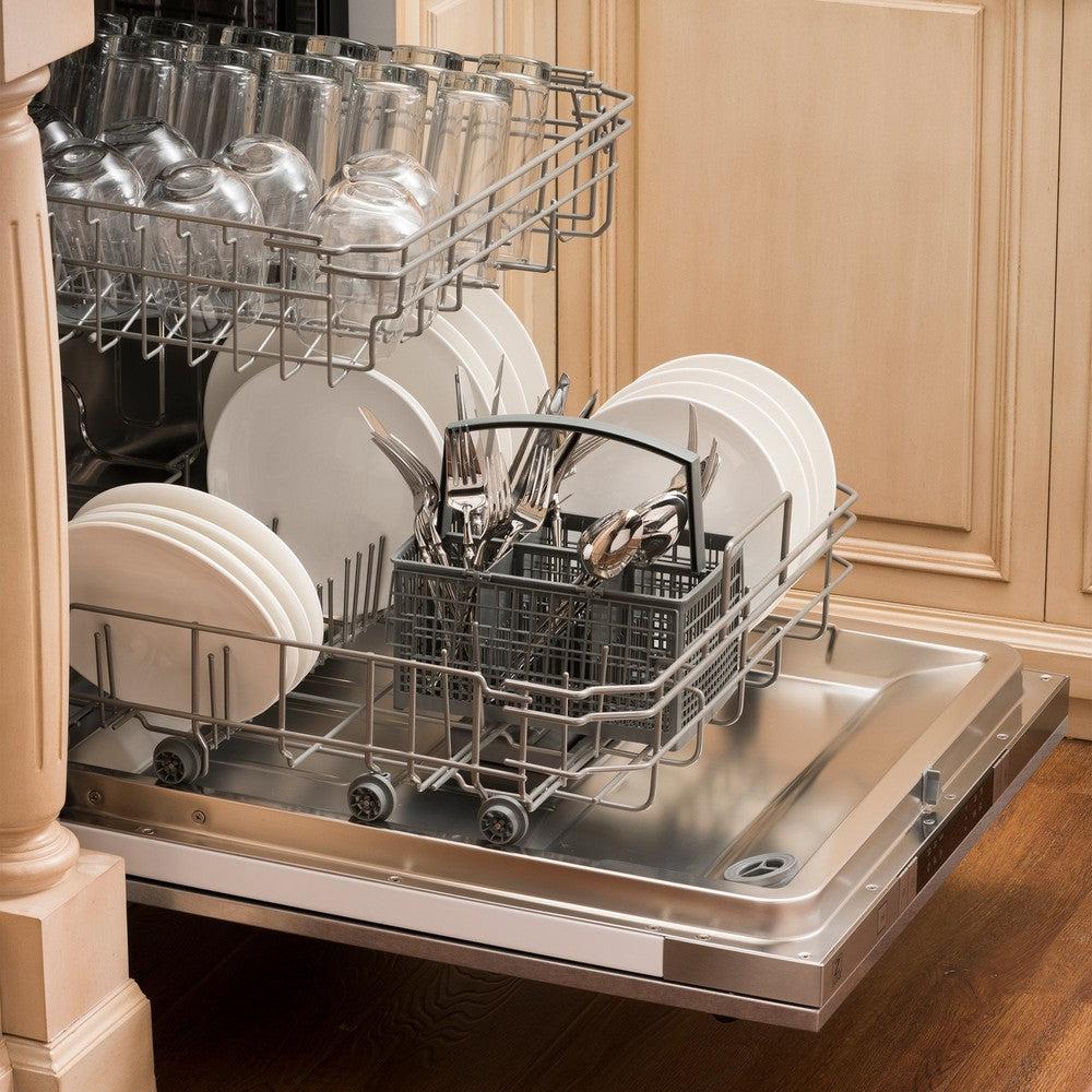 ZLINE 24 in. Top Control Dishwasher with Stainless Steel Panel and Modern Style Handle, 52dBa (DW-304-24) in a farmhouse-style kitchen, open, with dishes on both racks.