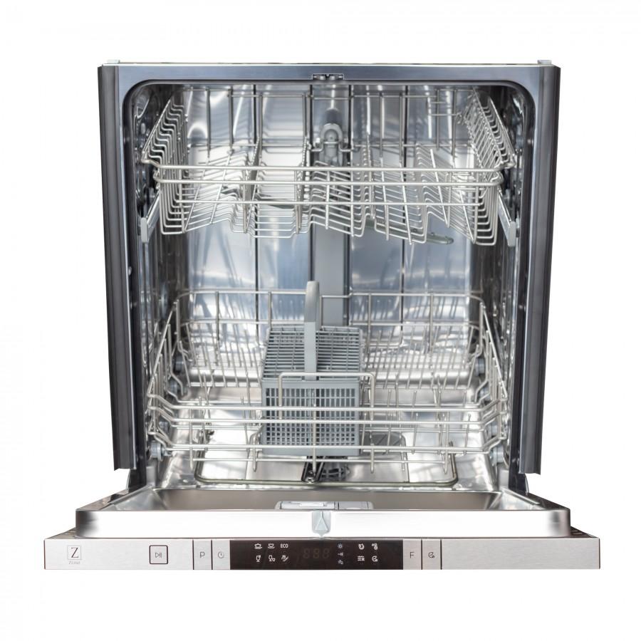 ZLINE 24 in. Top Control Dishwasher with Stainless Steel Panel and Modern Style Handle, 52dBa (DW-304-24) front, open.