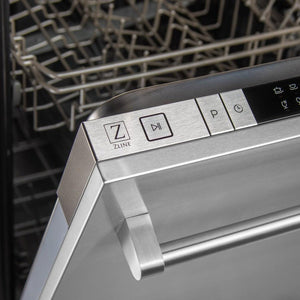 ZLINE 24 in. Top Control Dishwasher with Stainless Steel Panel and Traditional Style Handle, 52dBa (DW-304-H-24) close-up, start button and handle.