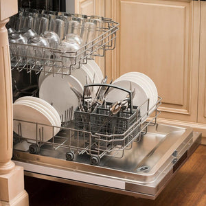 ZLINE 24 in. Top Control Dishwasher with stainless steel panel built-in to wood cabinets in kitchen fully loaded with dishes.