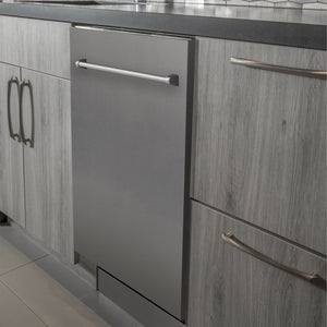 ZLINE 24 in. Top Control Dishwasher with stainless steel panel built-in to modern grey cabinets in kitchen.