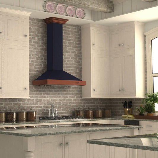 ZLINE Designer Series Wall Mount Range Hood in Oil-Rubbed Bronze with Copper Accents (KB2-BCXXX) in a farmhouse-style kitchen.