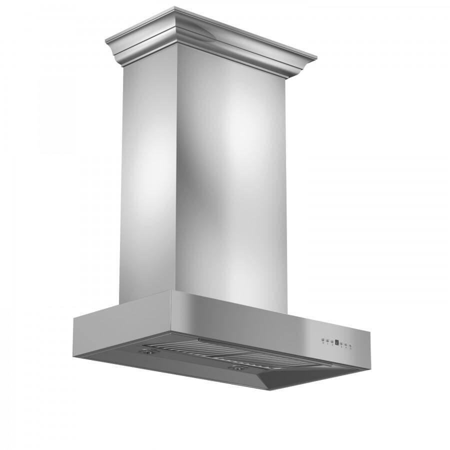 ZLINE 30 in. Professional Wall Mount Range Hood In Stainless Steel With Crown Molding (KECOMCRN-30) side, below.